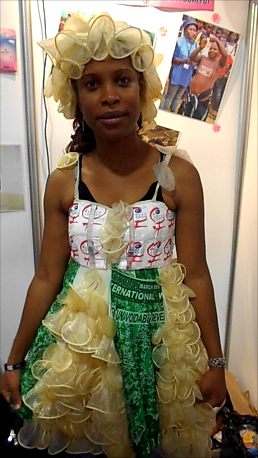 woman wearing a female condom wig and dress